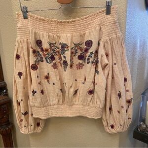 FREE PEOPLE Women Off The Shoulder Floral Embroidery Saachi Smocked Top-Medium